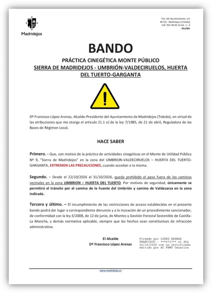 BANDO: PRÁCTICA CINEGÉTICA MONTE PÚBLICO SIERRA DE MADRIDEJOS – UMBRIÓN-VALDECIRUELOS, HUERTA DEL TUERTO-GARGANTA