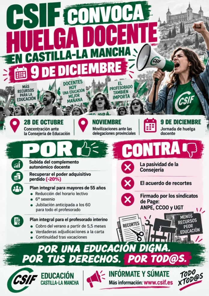 CSIF llama a la huelga educativa en C-LM el 9 de diciembre por la falta de avances en las condiciones del profesorado
