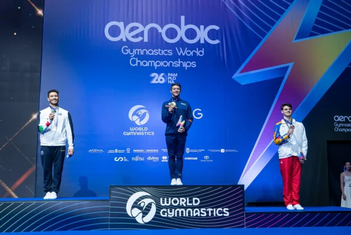 Gimnasia.- El español Miquel Mañé se proclama en Pamplona campeón del mundo de gimnasia aeróbica por tercera vez