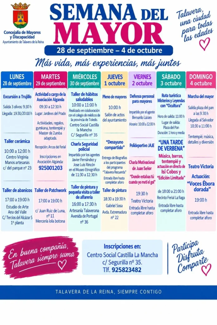La Semana del Mayor de Talavera ofrecerá del 28 de septiembre al 4 de octubre actividades culturales, saludables y ocio