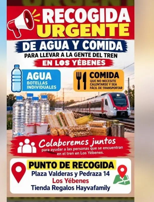 Vecinos de Los Yébenes se movilizan para llevar agua y comida a los afectados por el siniestro ferroviario